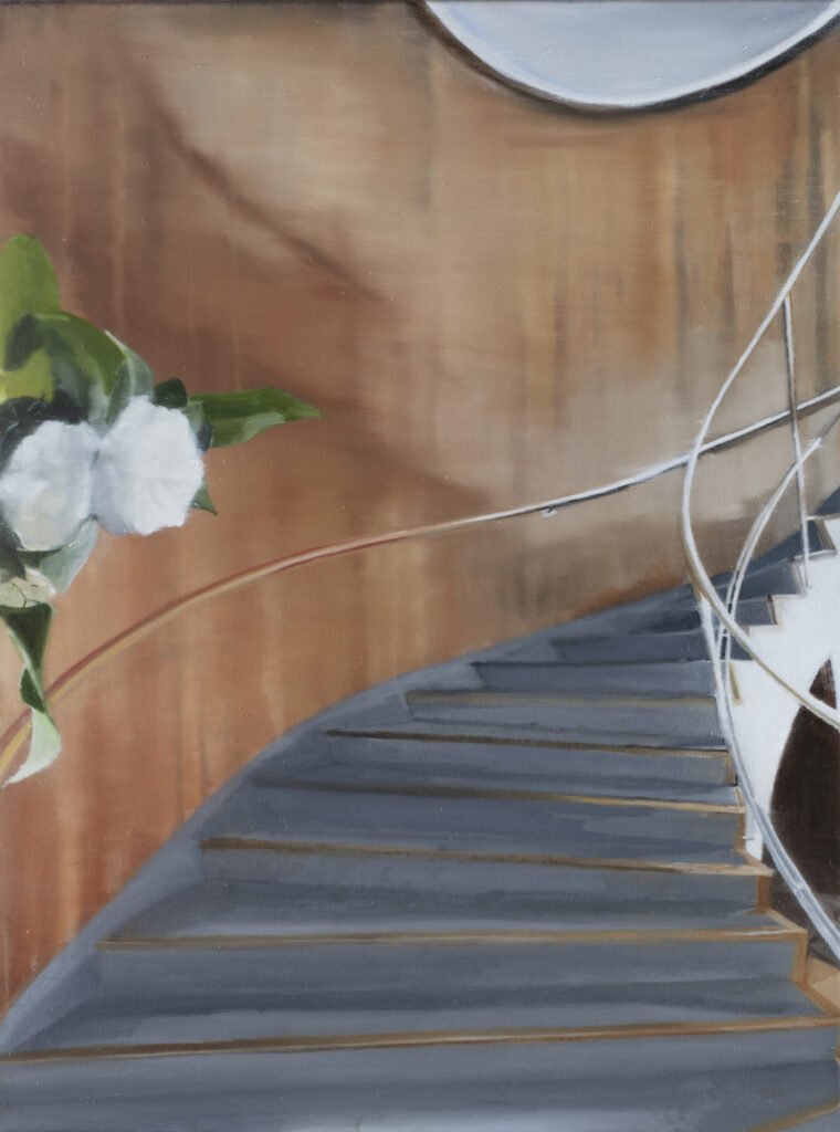 escalera modernista y camelias, 2023, oleo sobre tela, 80 x 60 cm