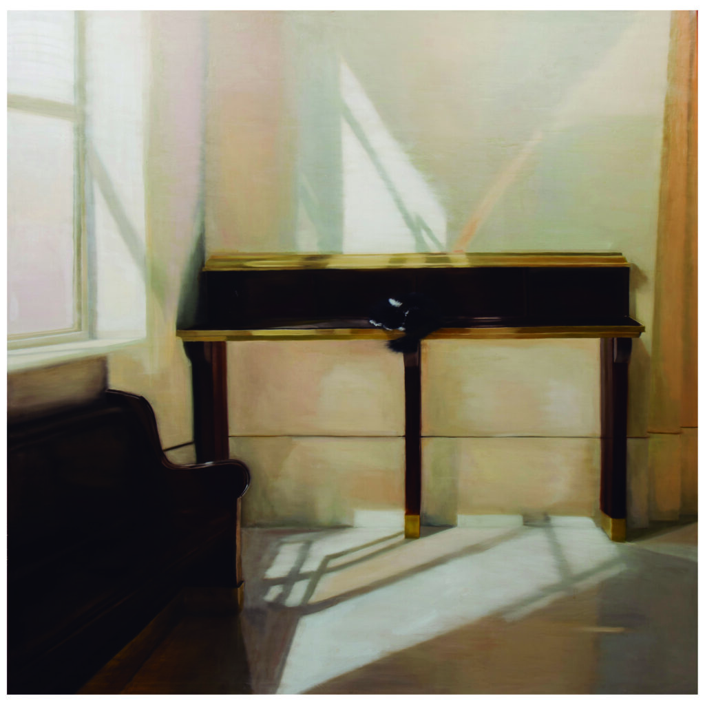 gato acostado, 2018, oleo sobre tela, 200 x 200 cm, 1er premio pintura salon nacional de artes visuales