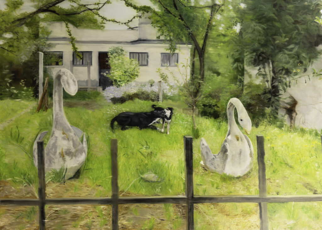 lolita, el nagro y los cisnes, 2024, oleo sobre tela,150 x 200 cm