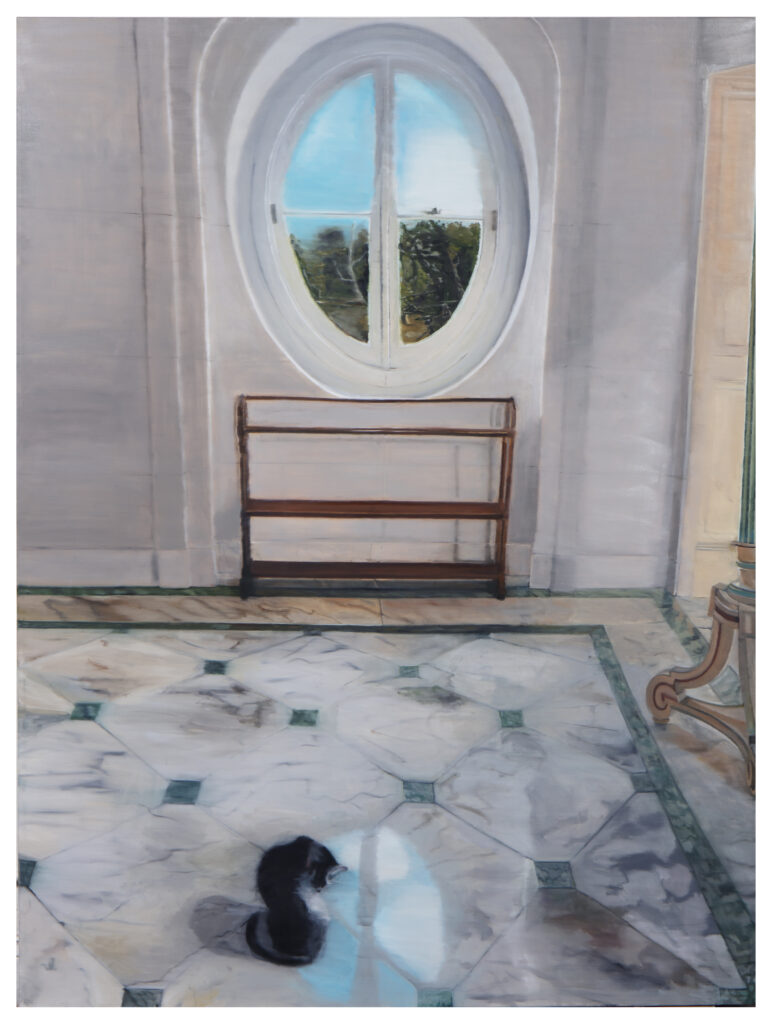 gato encerrado, 2020, oleo sobre tela, 200 x 150 cm