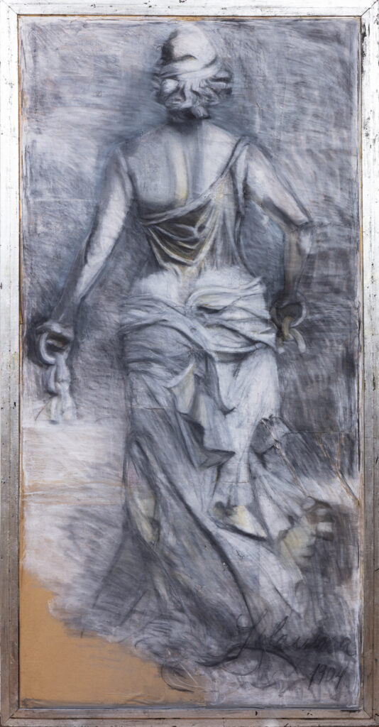 pensando en lola dorso, 2016, carbonilla sobre papel y marco de madera plateado, 200 x 100 cm