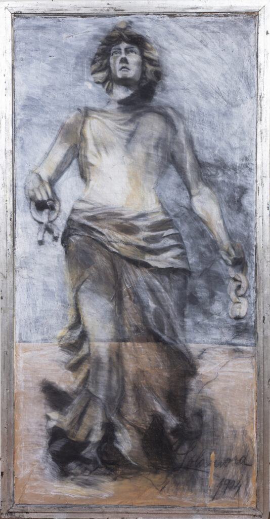 pensando en lola frente, 2016, carbonilla sobre papel y marco de madera plateado, 200 x 100 cm